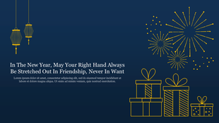 New Year greeting slide with fireworks, gift boxes, and hanging lanterns in yellow, set against a dark blue background.