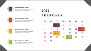 February 2022 calendar with hexagonal markers for the 1st- 24th, each in different colors, with a simple layout.