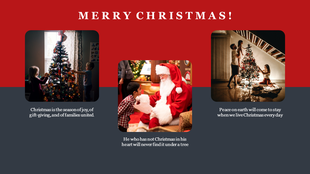 Christmas slide with a red and gray color scheme, featuring photos of a family by the tree and Santa with a child.