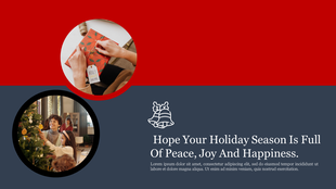Christmas PowerPoint template featuring a gift wrapping scene and a family decorating a tree on a split colored backdrop.