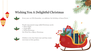 Christmas slide with a red sleigh full of gifts, surrounded by holly leaves and lanterns, with a festive message on the left.