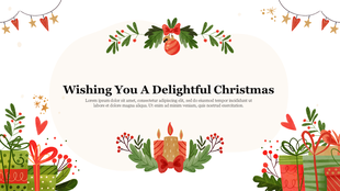 Festive Christmas slide with greenery, gifts, and candles surrounding a central message area with holiday decor accents.
