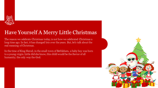 Festive Christmas slide with an illustration of Santa, children, and a tree, by a story about the birth of Jesus Christ.