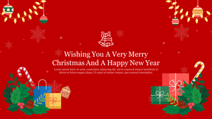 Christmas PowerPoint slide with a festive red background, gifts, candy canes, and a holiday greeting.