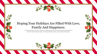 Holiday themed slide with candy cane striped borders and festive greenery, including red ornaments and ribbons.
