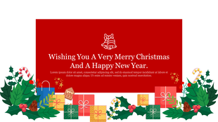A festive greeting card design featuring the message surrounded by Christmas gifts and holly.