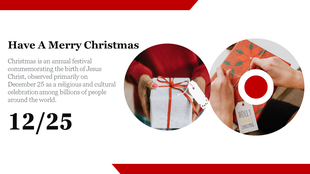 Christmas themed slide featuring a gift being wrapped and a festive holiday message.