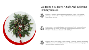 Holiday slide with a festive wreath inside a red circular frame and three paragraphs of Christmas text with bell icons.