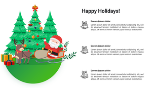 Christmas layout with Santa in sleigh, colorful gifts and trees, and three sections of text accompanied by holiday bell icon.