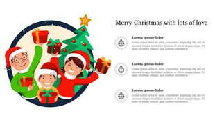 Happy family Christmas scene on the left with colorful presents and tree, and right side featuring three placeholder text.