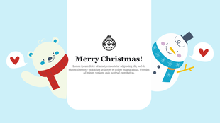 Animated Christmas PowerPoint slide with a polar bear and snowman, each holding a heart, with a message on a blue theme.