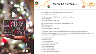 Slide with a seasonal design, including a wrapped gift and detailed text about the 12 Days of Christmas' song.