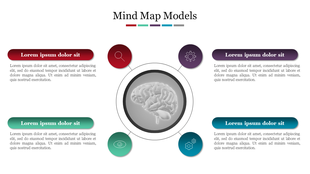 Mind map model diagram PPT slide with central brain image and connected icons in different colors on a white backdrop.