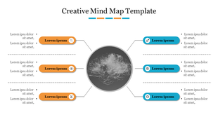 Creative mind map template with a central brain image, surrounded by colorful icons and text placeholders for ideas.
