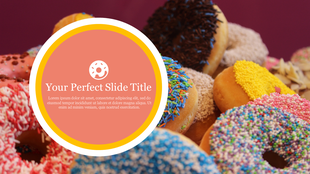 Bright, fun layout with donuts in focus and an orange pink text circle with a donut icon and sample text overlay.