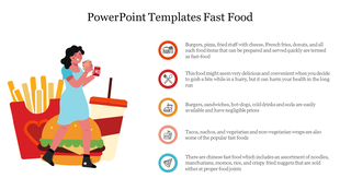 A cheerful character enjoying fast food, surrounded by a burger, fries, and a drink, with descriptive text.