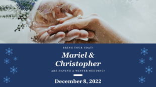 Winter wedding invitation with snowflake designs, showcasing a couple’s hands and a blue section for names and date details.
