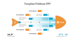 Colorful fishbone diagram PowerPoint template with arrows leading to a goal, featuring various icons and text placeholders.