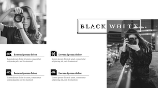 Black and white themed slide with monochrome images of a woman holding a camera, and four text boxes below.