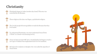Illustration of three wooden crosses with a sunset background and key points about the origins of Christianity on the left.