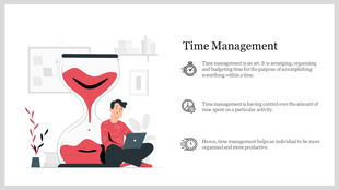 Slide showing an hourglass and a person using a laptop, symbolizing time management and organization.