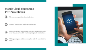 Split layout with text and icons on the left, and a smartphone displaying a cloud app in a green bordered frame.