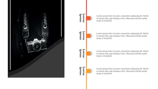 Photography themed slide featuring a vintage Canon camera on one side and three horizontal text blocks. 