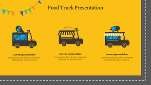 Visual of three different food truck designs, each with captions areas and set against a vibrant yellow backdrop.