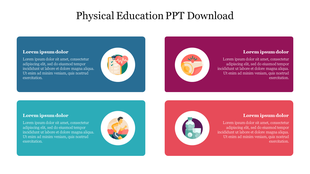 Physical education-themed slide with four icons representing aspects of fitness each in a color box with caption areas.