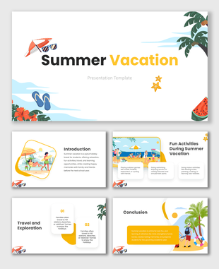 Summer vacation PowerPoint slide featuring a beach with palm trees and a beach chair in the foreground.