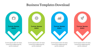 Modern layout with four business themed icons inside rounded markers, each containing title and body placeholder text.