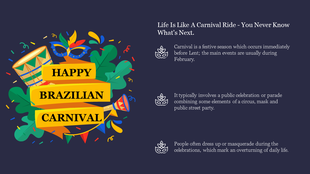 Bright carnival design with a drum, mask, trumpet, and confetti alongside celebratory text on a navy blue background.