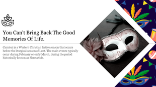 Carnival themed slide with a mask photo on the right, festive icons in corners, and a quote and text on a white background.