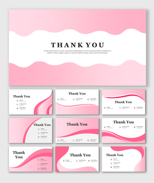 Thank you slide with a gradient pink and white wavy background with the title text and caption in the center of the slide.