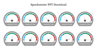 Ten speedometer icons in two rows, each with blue, green, and red segments, ranging from 0 to 100.