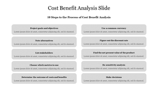 An informative slide outlining the ten key steps of conducting a cost benefit analysis is presented in a grid format.