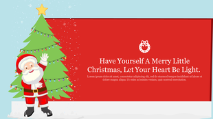 Christmas themed template with Santa Claus waving near a decorated tree with a quote on a red background.