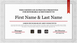 Certificate design with a border, recipient name, space for achievement details, signatures, and certification symbols.