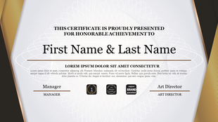 Certificate slide with a formal design featuring a light background, framed by golden accents, and decorative patterns.