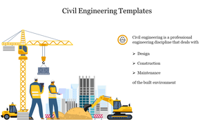 Slide with an illustration of two workers, a crane, and construction machinery with a description of civil engineering tasks.