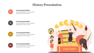 Slide showing a historical scene with warriors and scholars on the right, and four numbered bullet points on the left.