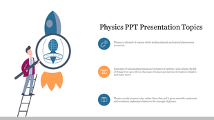 Illustration of a person on a ladder holding a magnifying glass over a rocket with the topics and three informational icons.