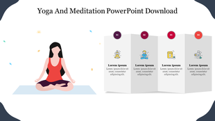 Illustration of a woman meditating on the left, with four numbered text boxes and icons, with gray accents on the edges.