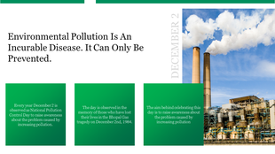 Graphic design showcasing key details about national pollution control day slide featuring a photo of industrial pollution.