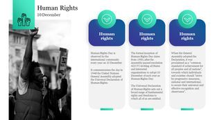 Human Rights Day slide featuring a black and white image of a protester holding a microphone, with informational boxes.
