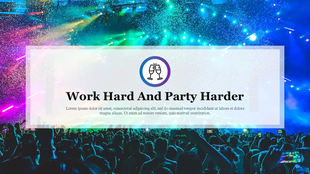 Festive party background with a crowd and light effects, featuring a round icon and text centered in a white overlay box.