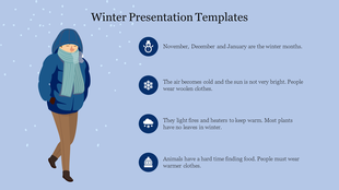 Winter scene with snow and a person dressed in a blue jacket, accompanied by four bullet points about winter conditions.