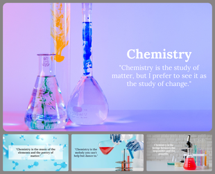 Chemistry themed slides with beakers and test tubes holding blue, yellow, and green liquid on a purple gradient background.