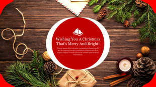 Christmas slide with pine branches, pinecones, and a candle, on a wooden surface, with text in a circular red frame.