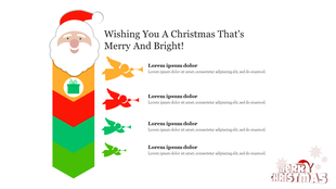 Santa illustration with four layered colorful sections in yellow, red, teal, and green, each with Christmas icons.